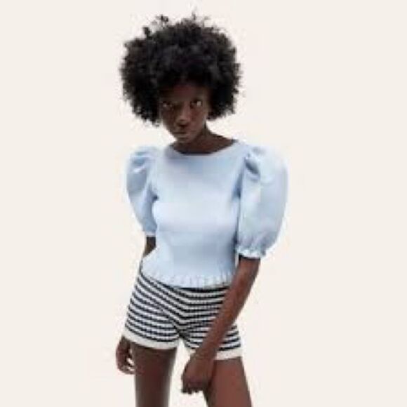 Zara baby blue cropped ribbed knit puff sleeve open back top - Picture 10 of 11